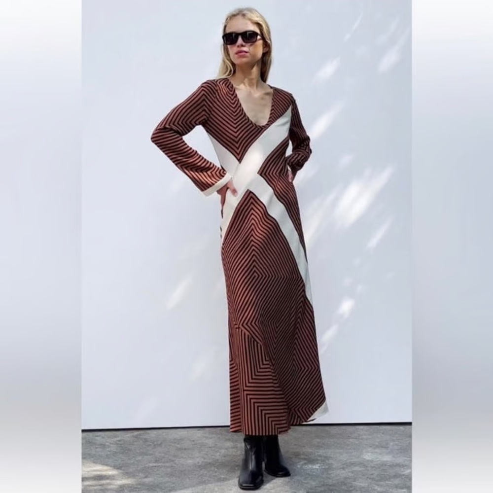 Zara Brown and Cream Long Sleeve Dress - Picture 6 of 14